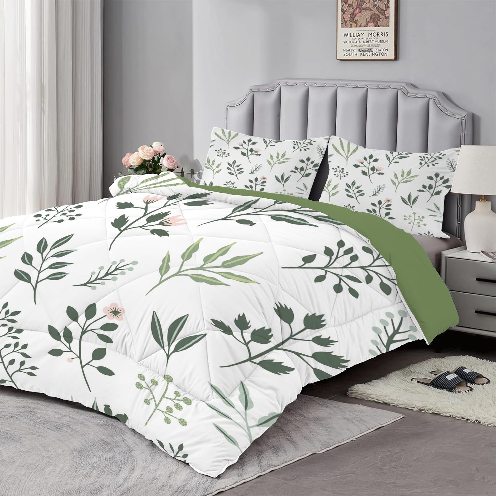 Set Trapunta, Piumone Leggero 170x230 cm in Microfibra Sintetico, Copriletto Singolo Estivo Primaverile con 2 Federa, Trapunta Double Face Foglie, Verde