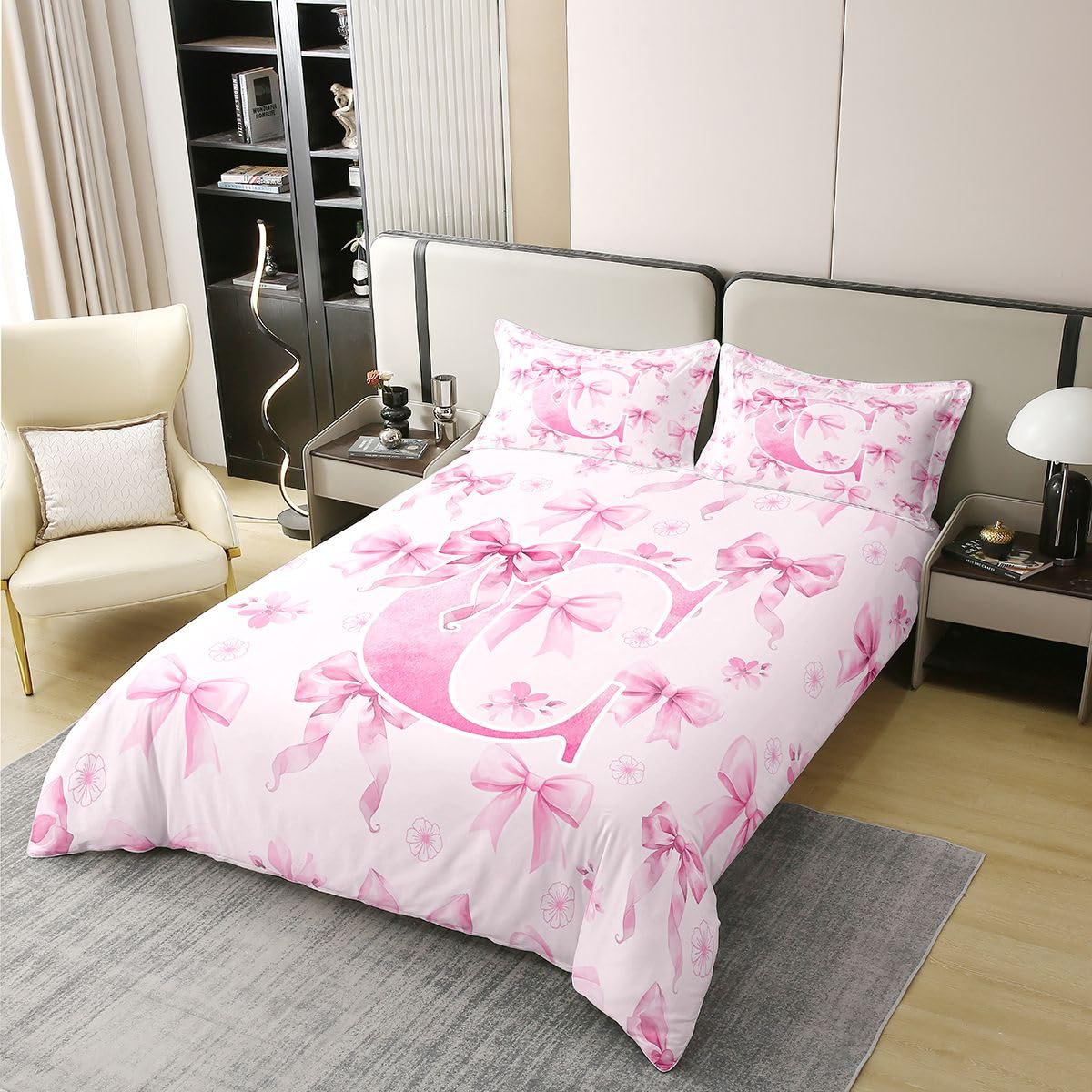 Homewish Początkowa kokarda litera C, akwarela kwiaty wiśni super king zestaw pościeli preppy monogram bawełna poszewka na kołdrę różowa kokardka poszewka na kołdrę zestawy pościeli