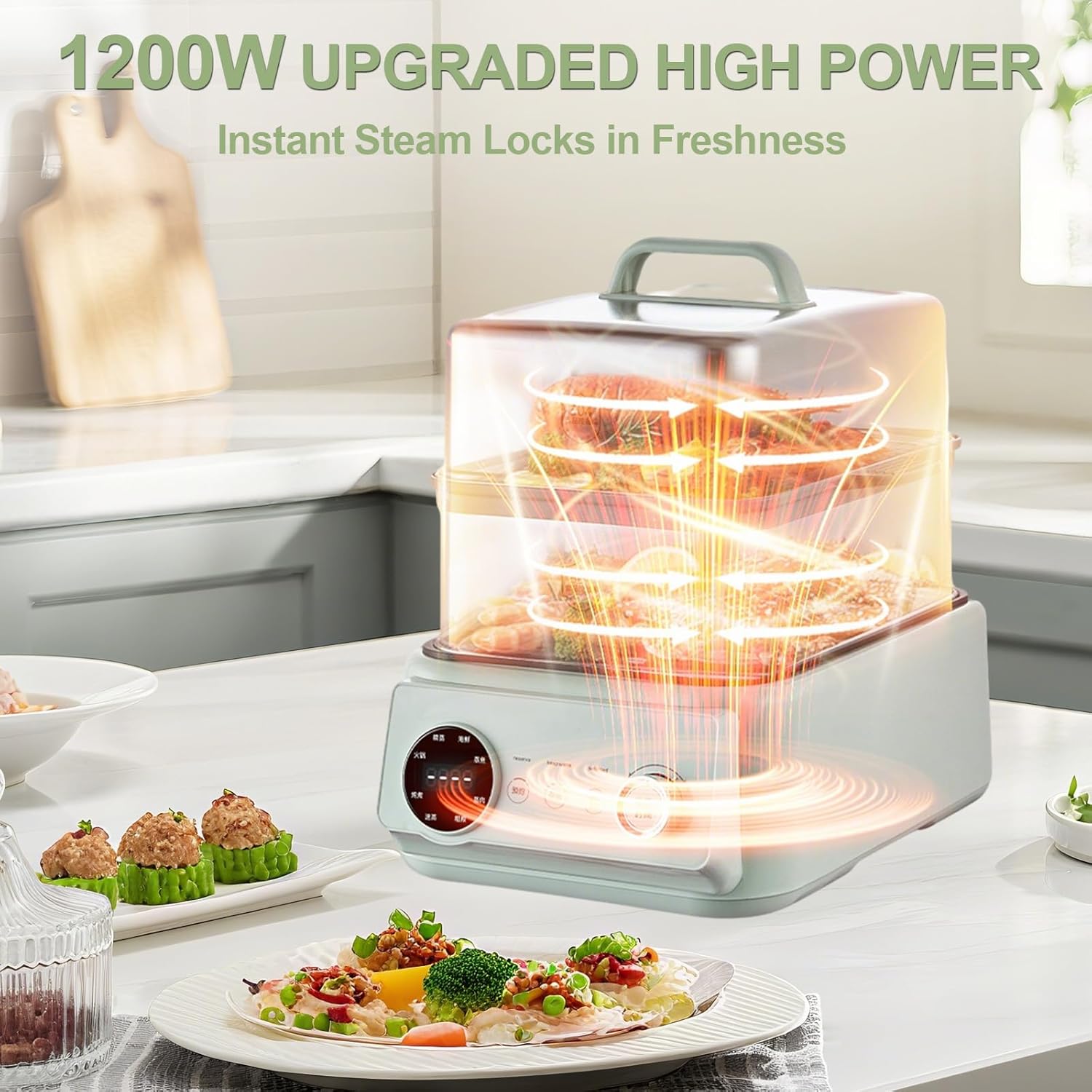 13.6Qt 2-Tier Electric Food Steamer, 8 Modes, Dry Protection, 24h Reservation and Timer, 4-8 Servings, Stainless Steel Electric Steamer for Vegetable Seafood (Green)