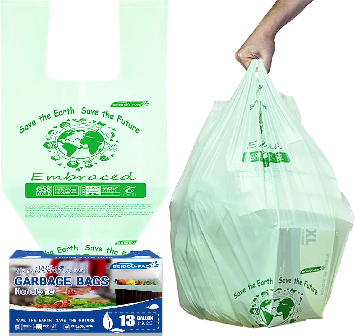 BEIDOU-PAC 13 Gallon Compostable Trash Bags, 30 Count, Compost Bags Tall Kitchen Trash Bags with Handle, Sturdy Biodegradable Garbage Bags Food Scrap Waste Bags, ASTM D6400, US BPI Certified