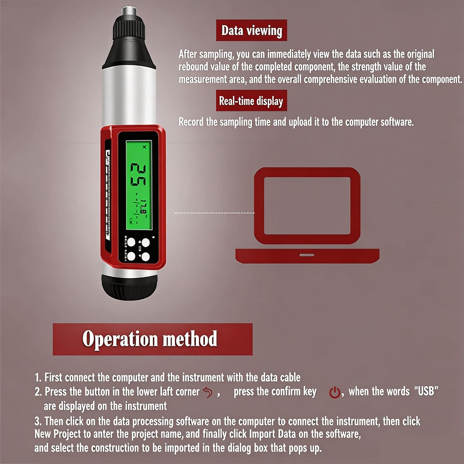 Resilímetro Digital De Hormigón De Alta Precisión, Probador De Rebote, Martillo De Prueba De 10-60 Mpa Con Almacenamiento Automático De Datos, Almacenamiento De Más De 1000 Datos, Carga Usb