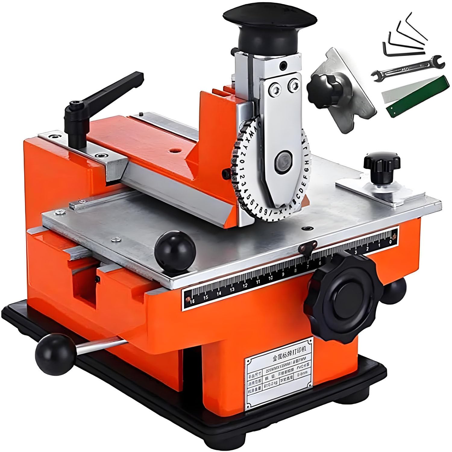 Macchina semiautomatica per timbratura di metalli con morsetti e strumenti per goffratura etichette su vari metalli