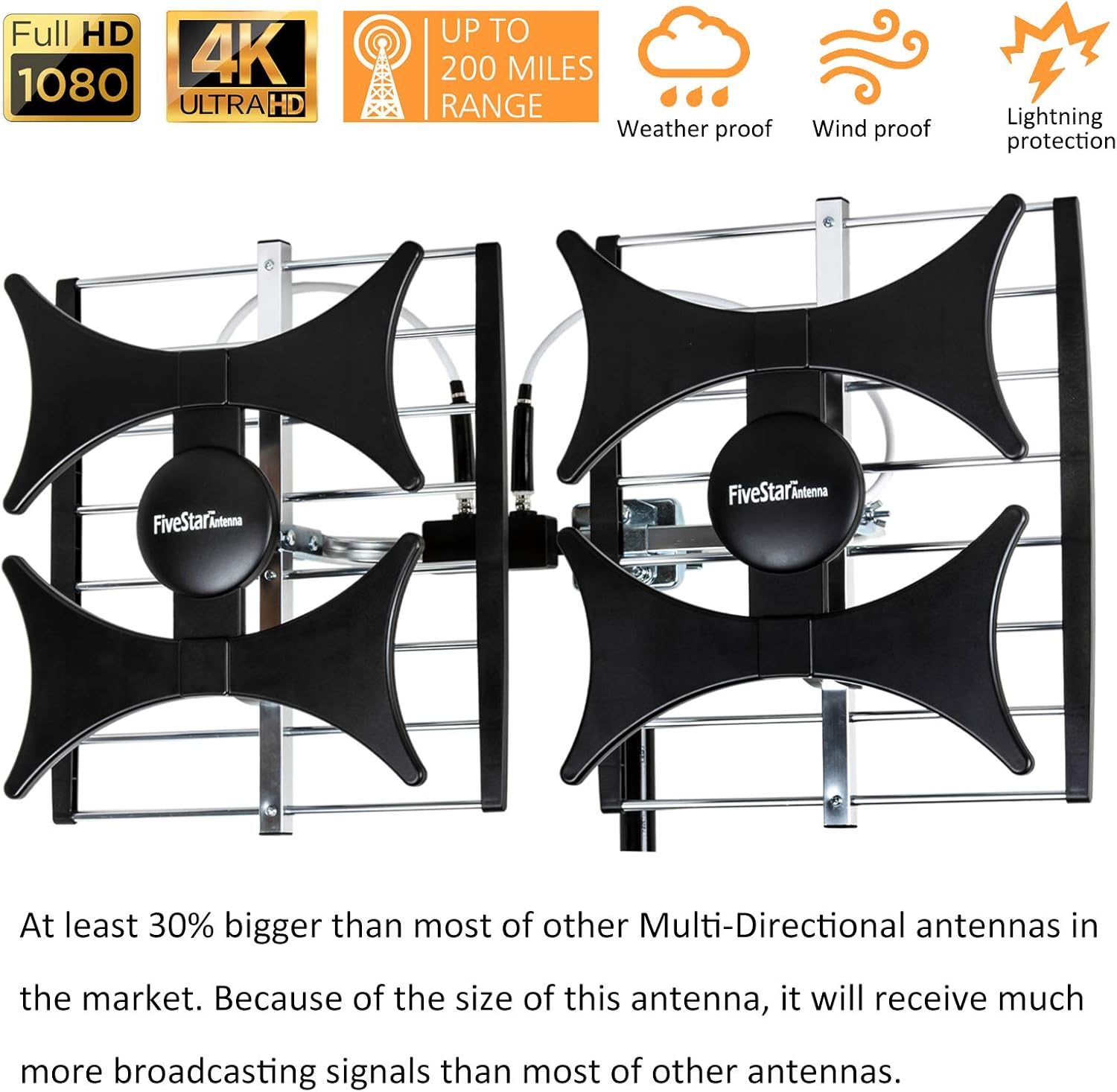 Five Star Multi-Directional 4V HDTV Antenna with 1080p, 4K, and 200-mile range icons