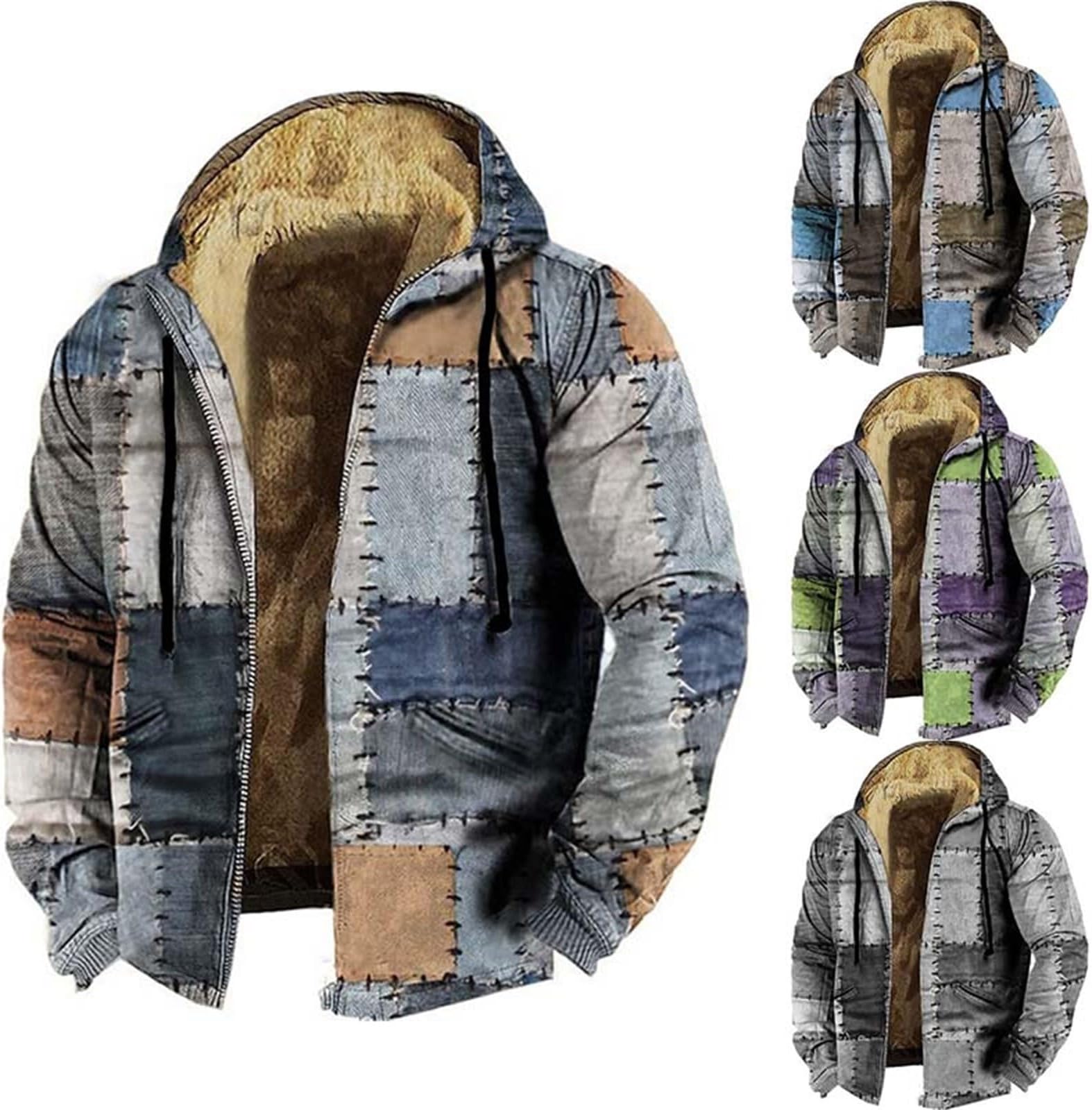 Patchwork Mens Hoodies Jacket, Mens Patchwork Winter Jacket Full Zip Fleece Lined Coats With Hood Long Sleeve Thermal Bohemian Tops Hippy Boho Festival Clothes Winter Stylish Street Wear