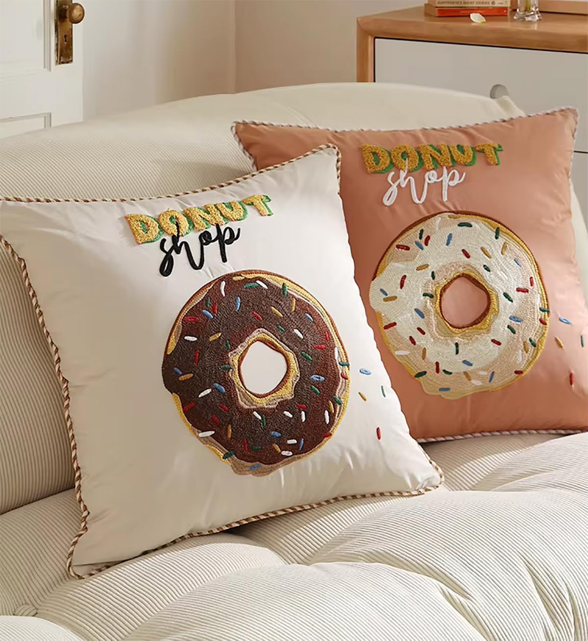Fennco Styles Cute Embroidered Donut Design Throw Pillow Cover Only - Pink 18" W x 18" L Novelty Cushion Case for Home, Couch, Sofa, Bedroom, Kids Room, Playroom and Office Décor