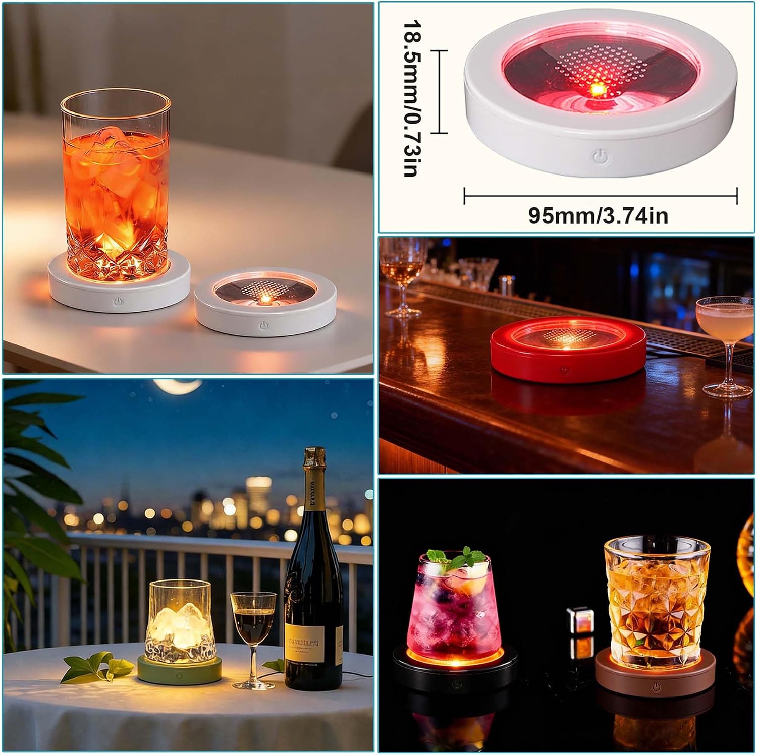 Rechargeable LED Coaster, 7 Static Colors & 2 Color Change Modes, Light Up Coaster for Drinks Bar Wedding Party Home Decorations (White) image 3