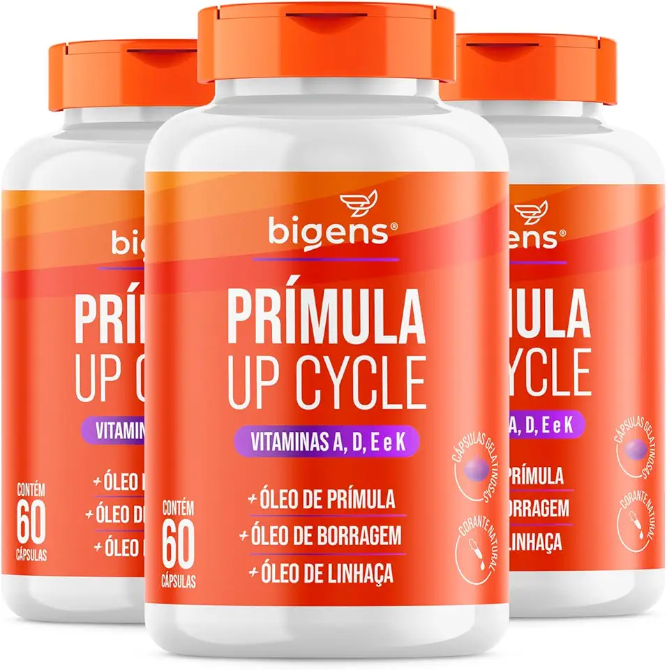 Prímula Up Cycle, Óleo de Prímula, Óleo de Linhaça, Vitamina A, D, E e K, 60 cápsulas, Bigens (Kit 3)