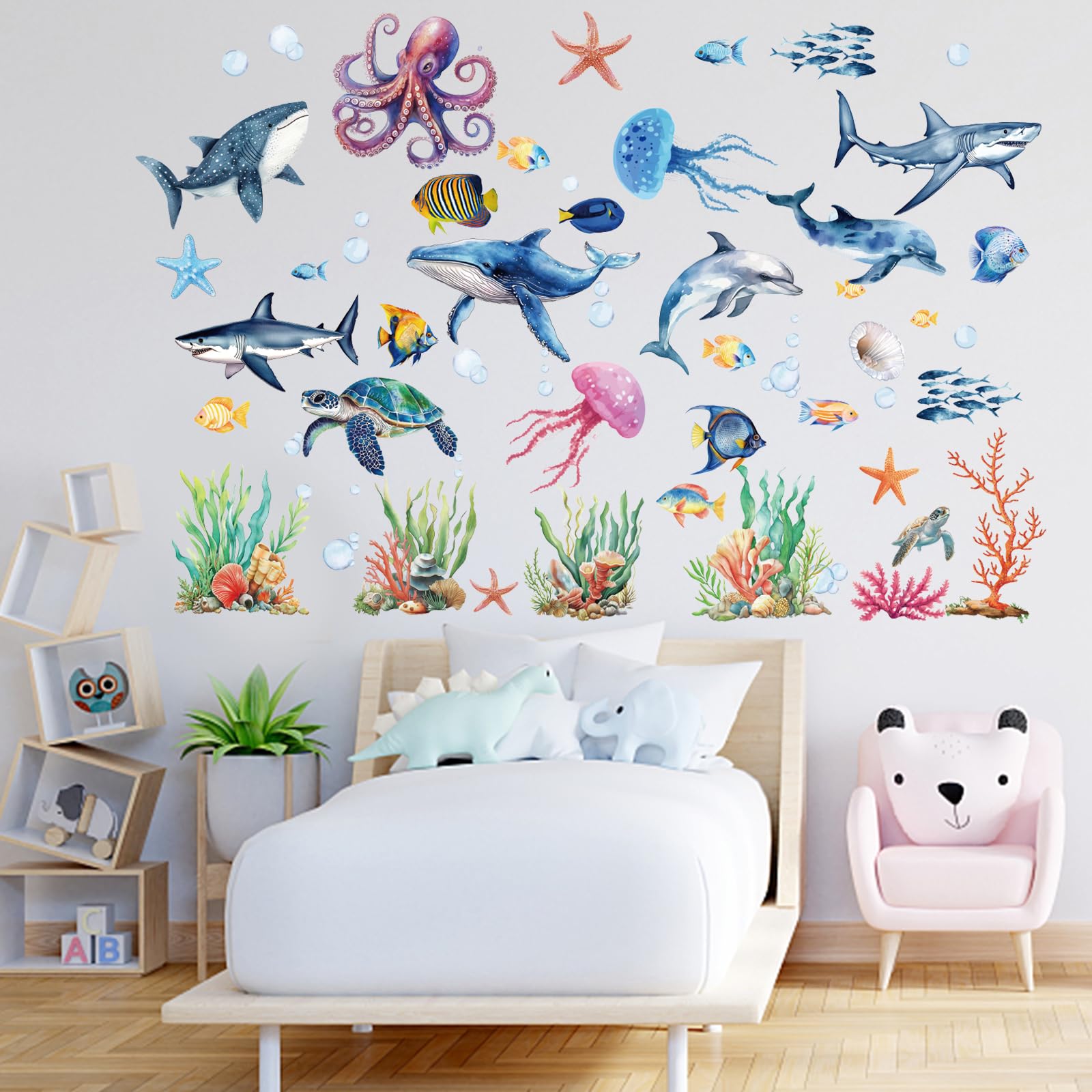 PLIGREAT 3 Sheets Colorful Sea Animals Wall Stickers Underwater World Removable Vinyl Wall Decals for Kids Bedroom Reading Room Nursery Living Room Wall DIY Decorative Stickers - Image 2