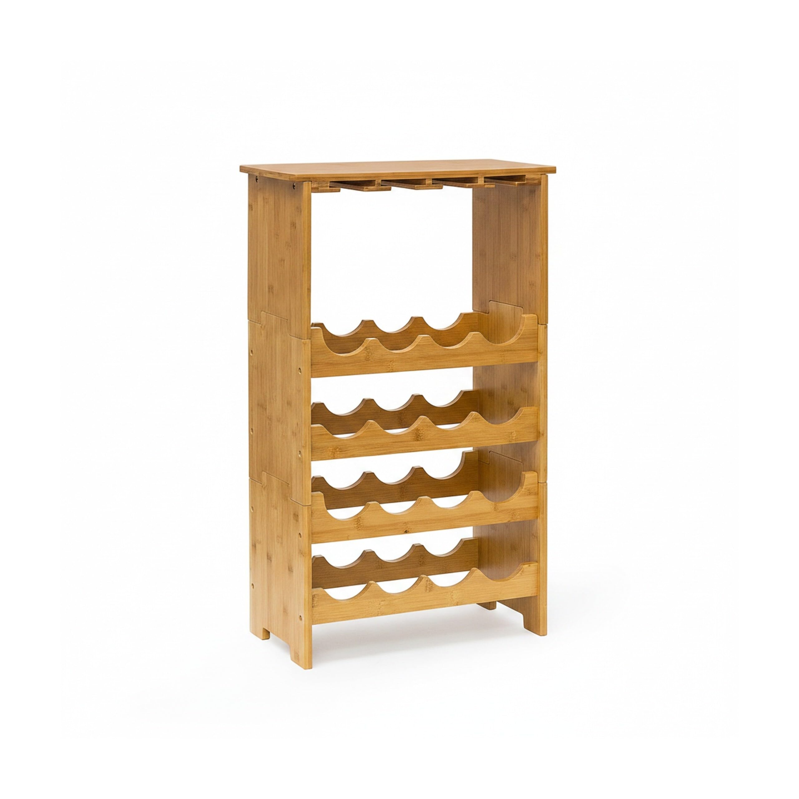 Relaxdays Scaffale per 16 Bottiglie di Vino, Portabottiglie, 84x24x50 cm, Cantinetta in bambù, Calici, Legno Naturale