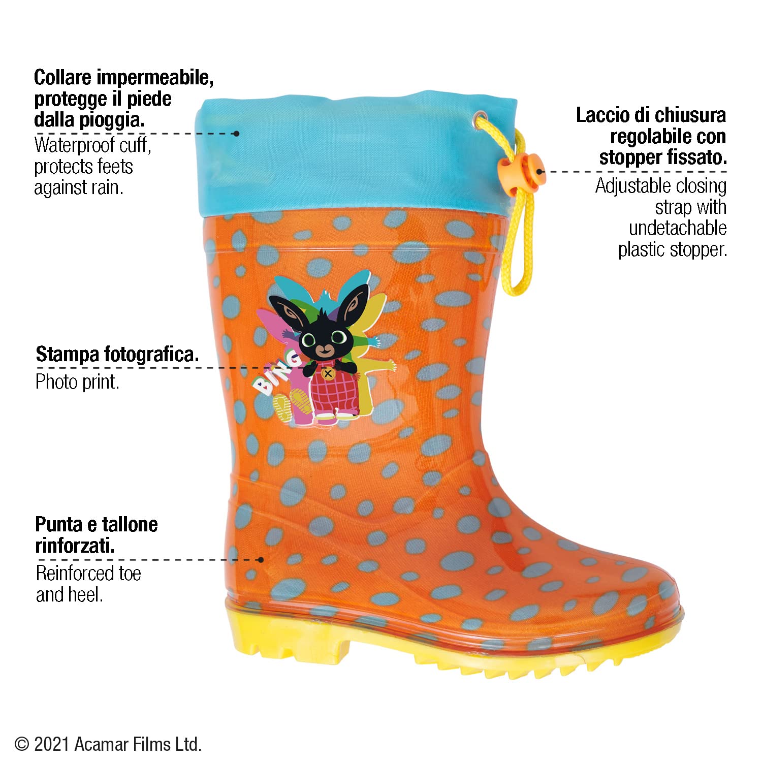 PERLETTI Stivaletti Pioggia Bambino Bambina Bing - Stivali Impermeabili Coniglietto Nero con Suola Antiscivolo Arancio - Galosce Bambini Antipioggia Colorati Arancio Giallo Azzurro