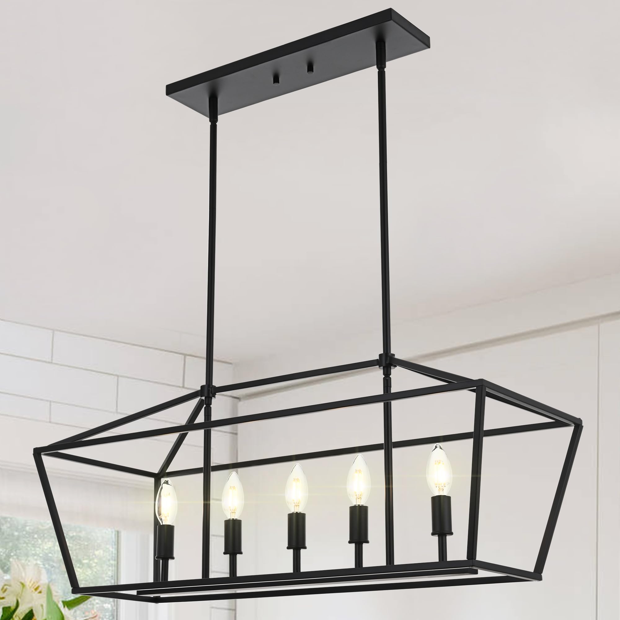 Condition photo showing New/Like New for farmhouse kitchen island light,e12 5-light matte black finish rustic dining room chandelier hanging pendant lighting fixture ceiling light for living room foyer bedroom