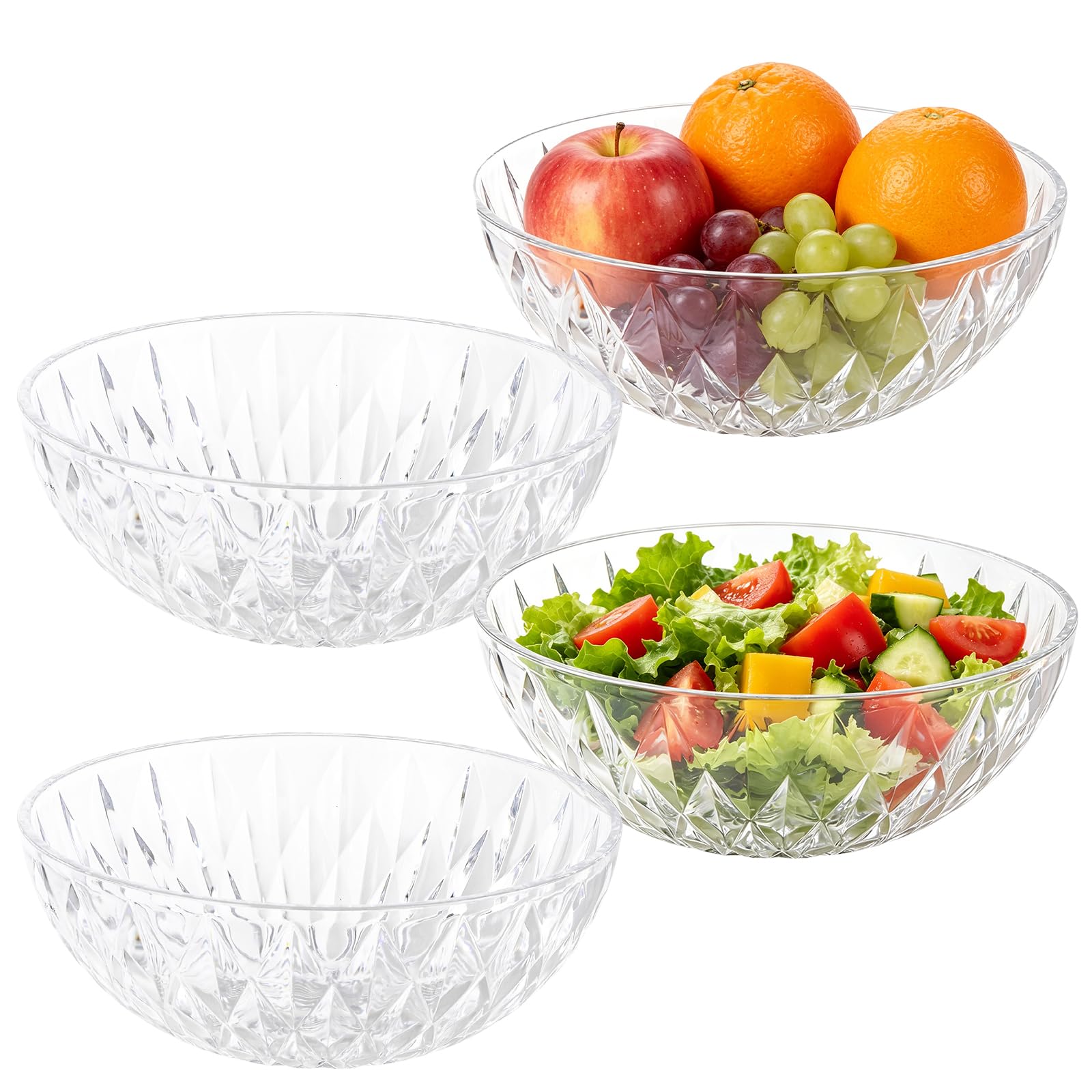 4 Pack Clear Diamond Salad Bowls 22.5cm Plastic Serving Bowls