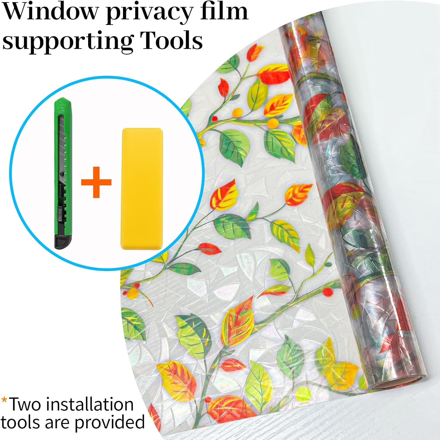 Window Privacy Film Stained Glass Rainbow Window Film with Installation Kits, 3D Static Cling Decorative Windows Decals, UV Blocking & Heat Control Non-Adhesive (Leaf, 35.4" x 78.7")