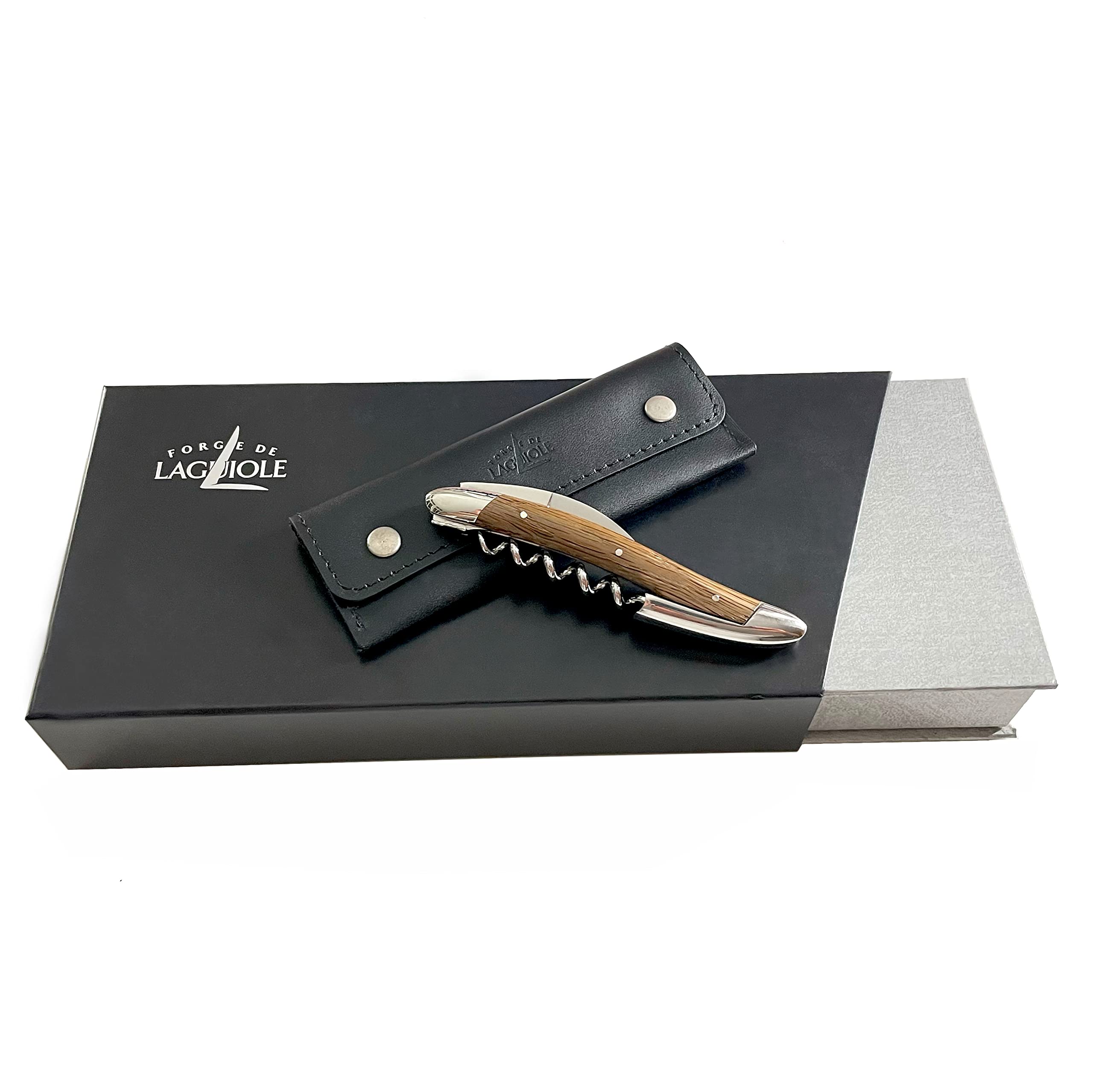 Forge de Laguiole Kellnermesser Sommelierbesteck - Griff Fossile Mooreiche - Edelstahl glänzend + Lederetui+Poliertuch