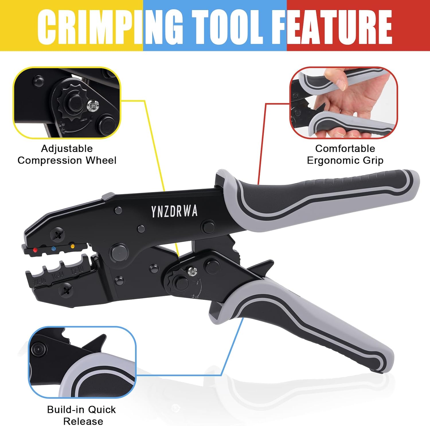 YNZDRWA Crimping Tool for Heat Shrink Connectors, Upgraded Wire Crimper Tool, Ratcheting Wire Terminal Crimper - Crimping Pliers - Ratchet Terminal Crimper for 10 to 22 AWG Wire
