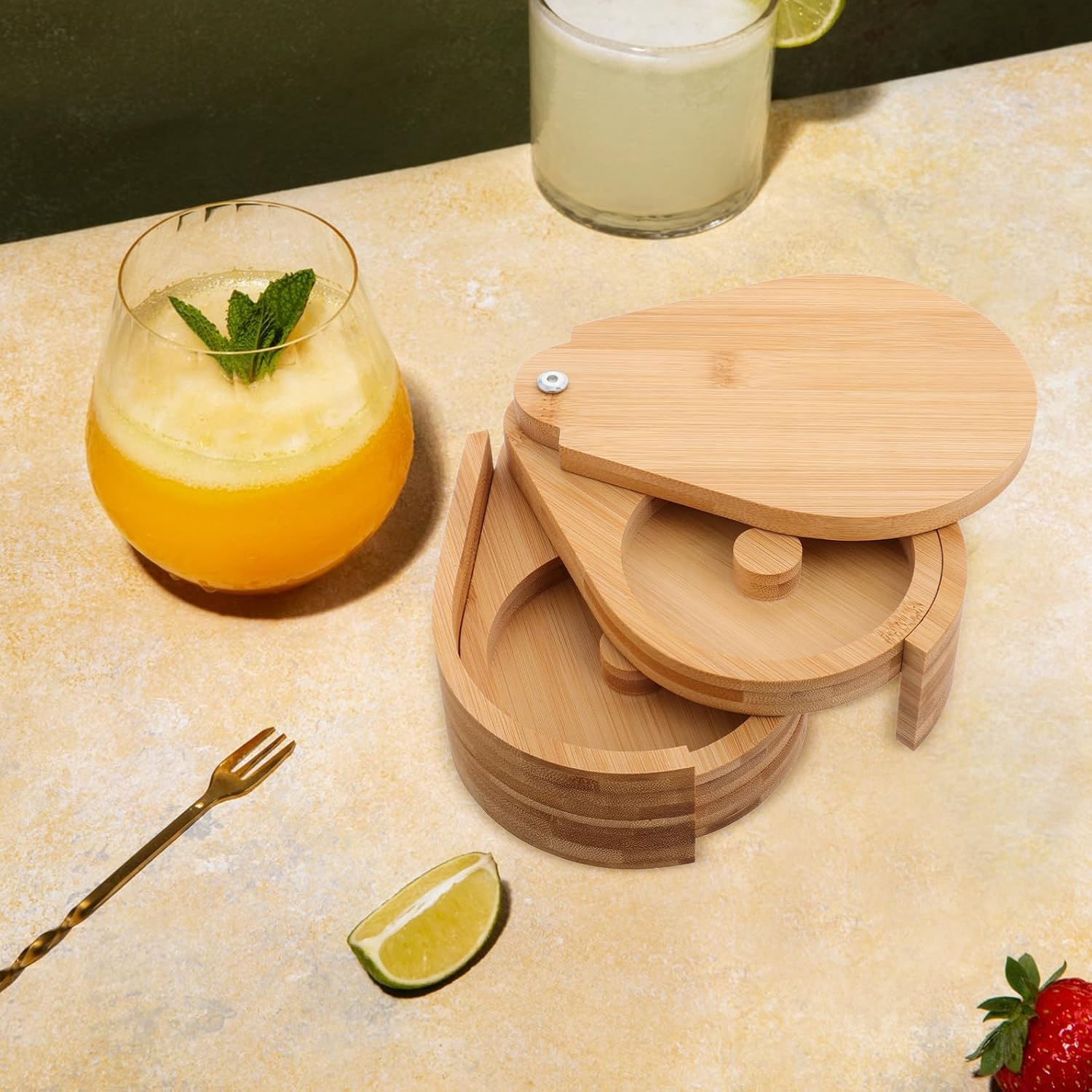 Hemoton Three-tier Wooden Salt Box with Lid and Rotating Sugar Container, 20x6.6cm Spice Keeper for Kitchen and Bar Use, Cocktail Seasoning Rimmer for Margaritas and Drinks