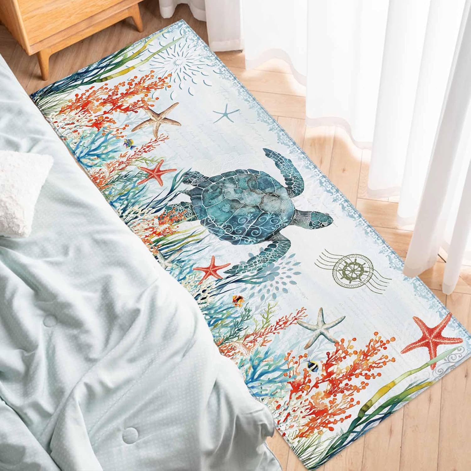 2 Pieces Kitchen Rugs and Mats,Coastal Ocean Turtle Coral Starfish Area Runner Rug Set Non Slip Floor Doormat Washable Carpet Standing Mat for Kitchen Sink Indoor Corridor,Light Blue Marine Compass