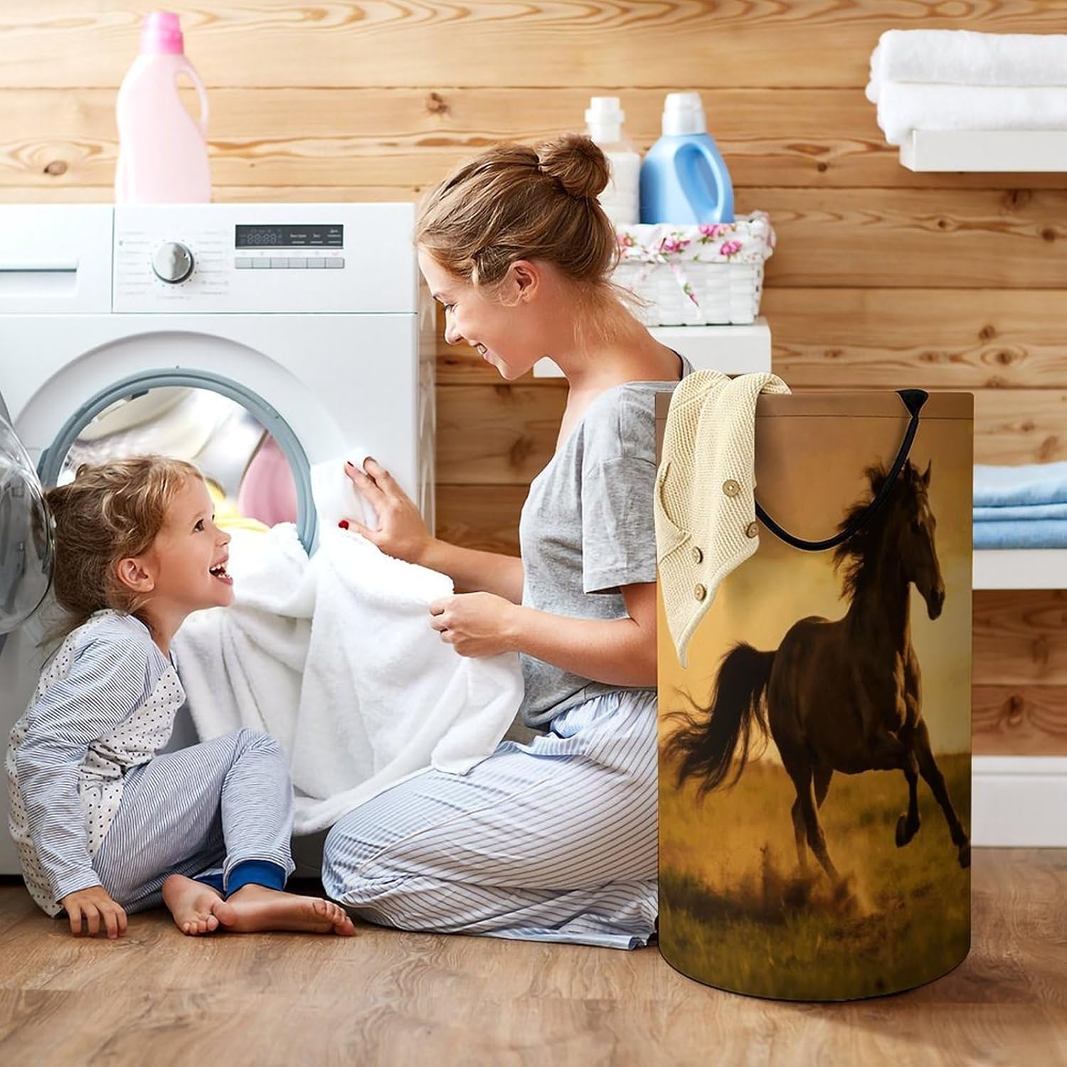 Galloping Horse Laundry Hamper 86L Waterproof Collapsible Clothes Basket with Double Handles Freestanding Foldable Laundry Basket Large Clothes Hamper for Bathroom
