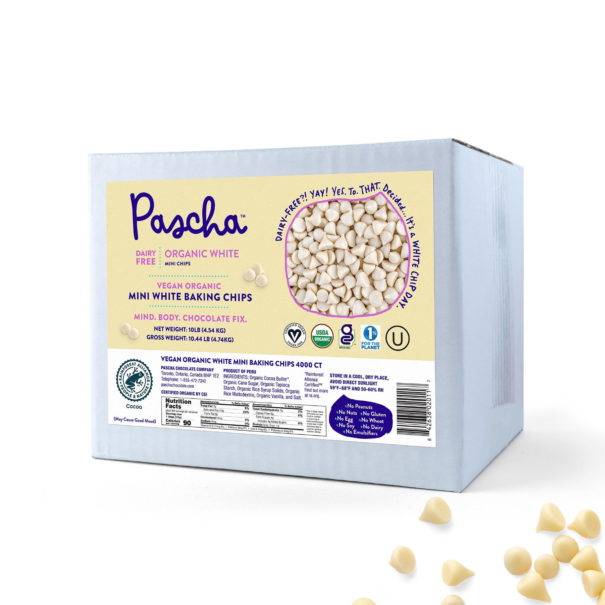 Pascha Organic Vegan White Mini Baking Chips - Dairy-Free Alternative - Rice-Based Bulk Baking Chocolate - Allergen-Free & Plant-Based - Rainforest Alliance Certified Cocoa Butter, (10 lbs)