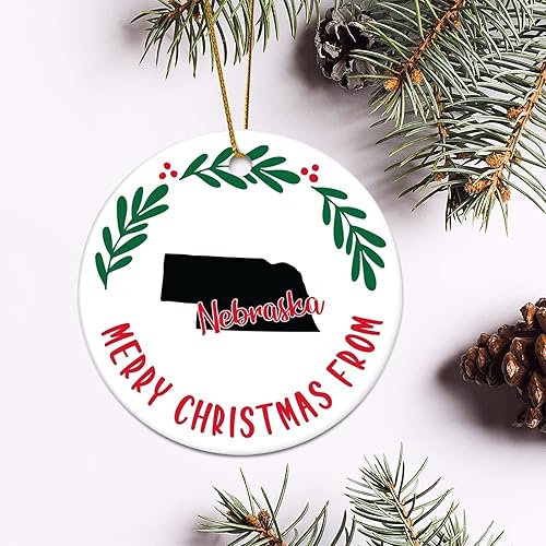 Miniatura 5 de Adorno de Navidad del estado de Nebraska con texto en inglés Merry Christmas de Nebraska, adorno de Navidad redondo de 3.2 pulgadas, estampado en