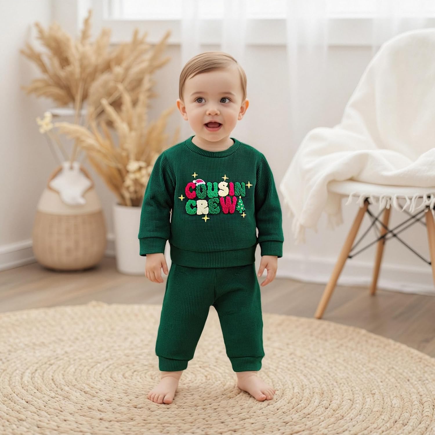 Karuedoo Toddler Baby Boy Christmas Outfit Cousin Crew Embroidery Waffle Knit Long Sleeve Sweatshirt and Pants Set - Image 3