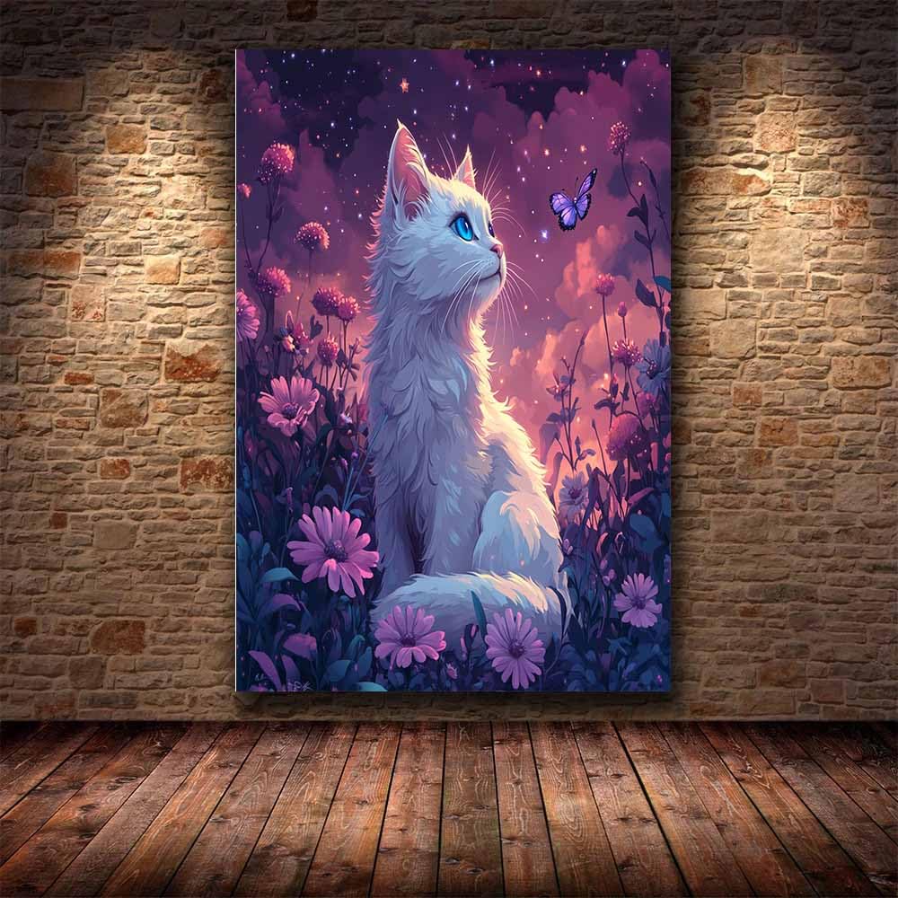 TERUEA Estampado Grande Gigante Imagen Para Animal blanco con mariposa campo estrellado Lienzos Decorativo Canvas Wall Art Decoracion Modernos Animales - Arte（Violeta-60x90cm1 Enmarcado