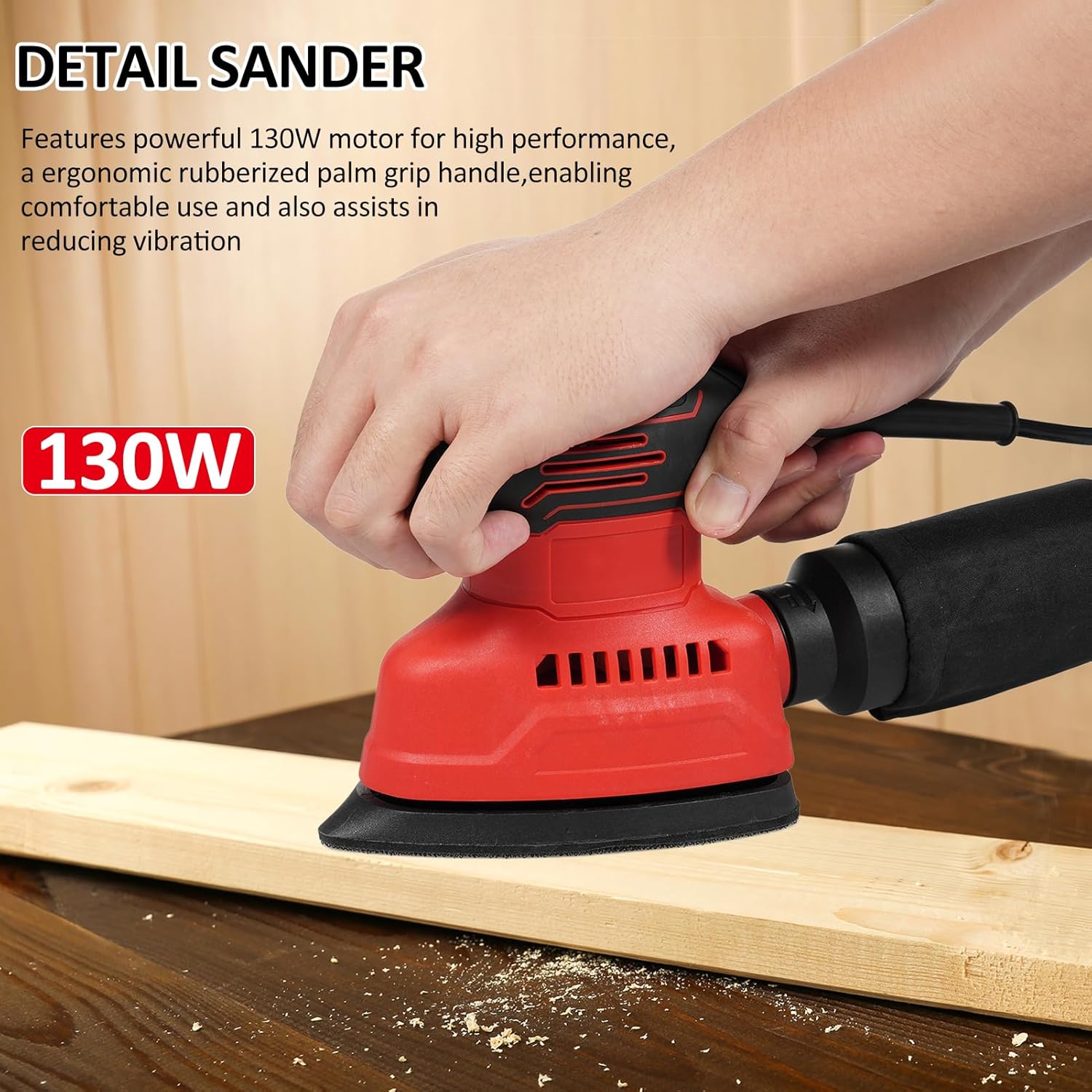 Irfora Detail Sander 130W 1.1A Powerful Motor 12000RPM Electric Sander with 15PCS Sandpapers Dust Bag Sponge Disc Wool Disc Cotton Disc Scouring Pad Soft G Handle Compact Hand Sanders for Woodworking