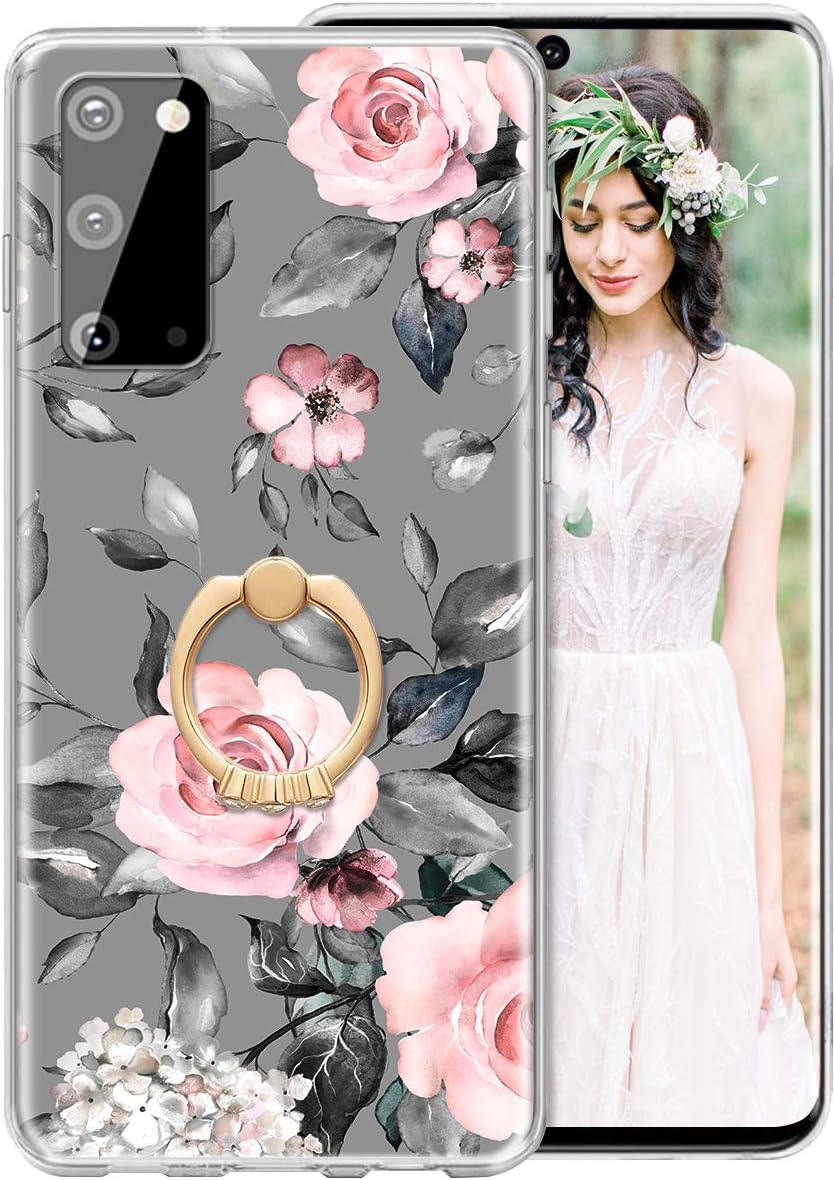iDLike Galaxy S20 Case for Girls Women, Floral Flower Cute Design Soft Silicone Protective Phone Case Cover with Ring Holder Kickstand for Samsung GalaxyS20 6.2 2020,Pink/Gray-with Ring