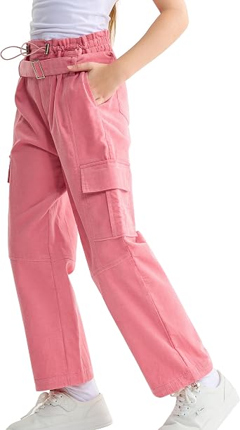 Rolanko Girls Corduroy Cargo Pants Wide Leg Cargo Trousers Streetwear Kids Pants Joggers with Pockets 9-17Y