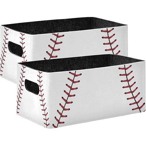 Kcldeci Red Stitching Baseball Storage Bins Baskets for Organizing 2Pack, Sport Ball White Sturdy Storage Basket Foldable Storage Baskets for Shelves Closet Nursery Toy