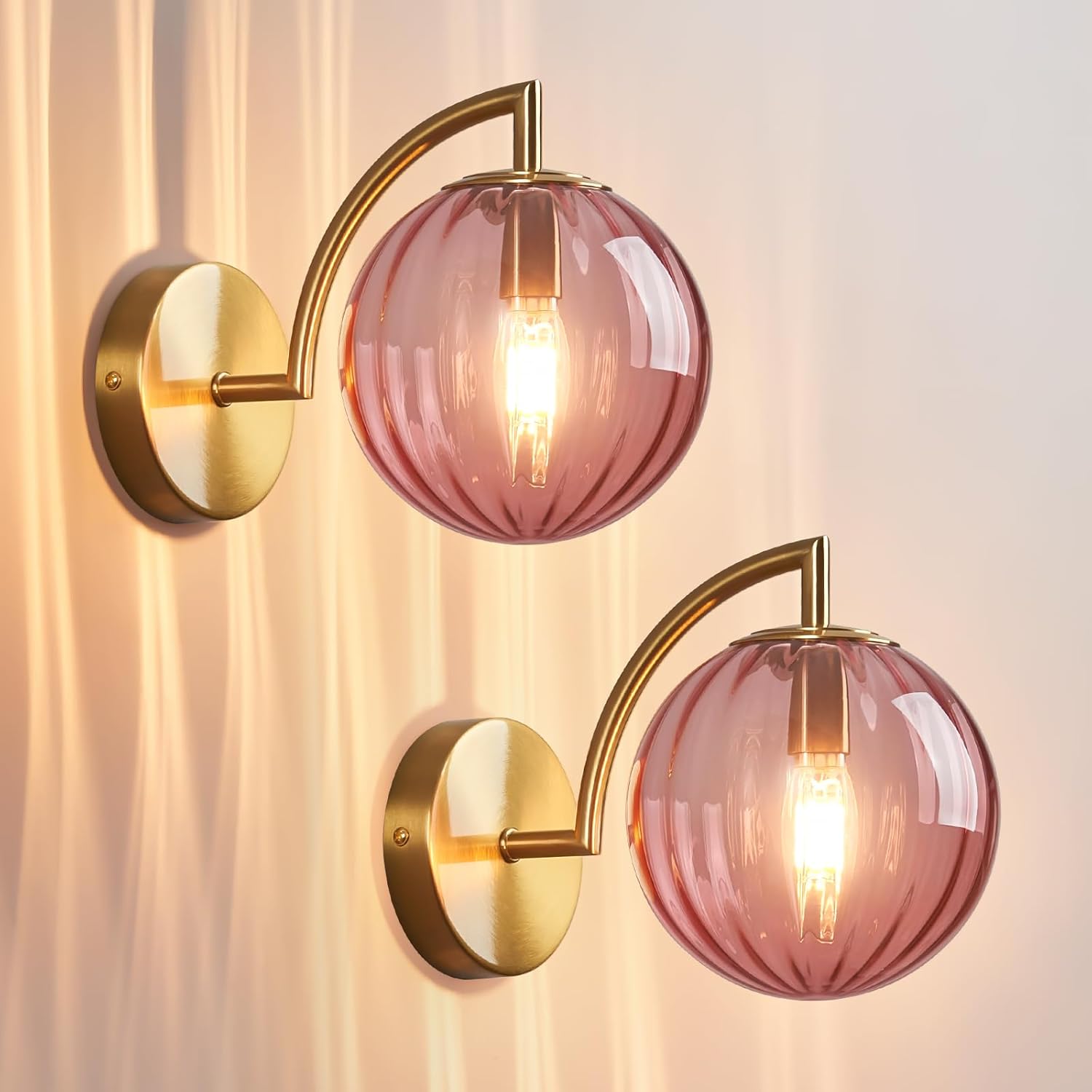 Modern Red Glass Wall Sconces Set of Two Indoor Nordic Striped Mini Wall Lamp Gold Finish Wall Light for Living Room Bedroom Bedside Hallway