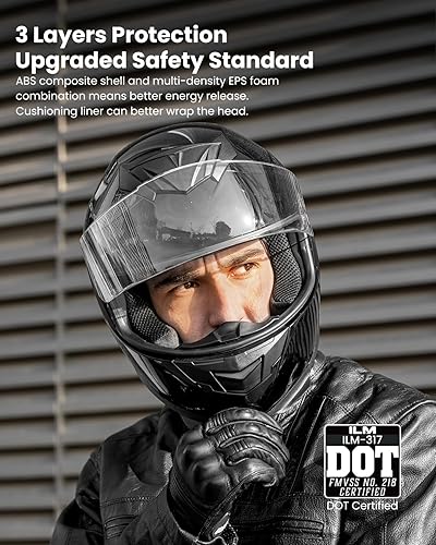 Miniatura 2 de ILM Casco de motocicleta de cara completa para motocross Street Bike certificado por DOT, 2 viseras modelo 317 (negro brillante, L)