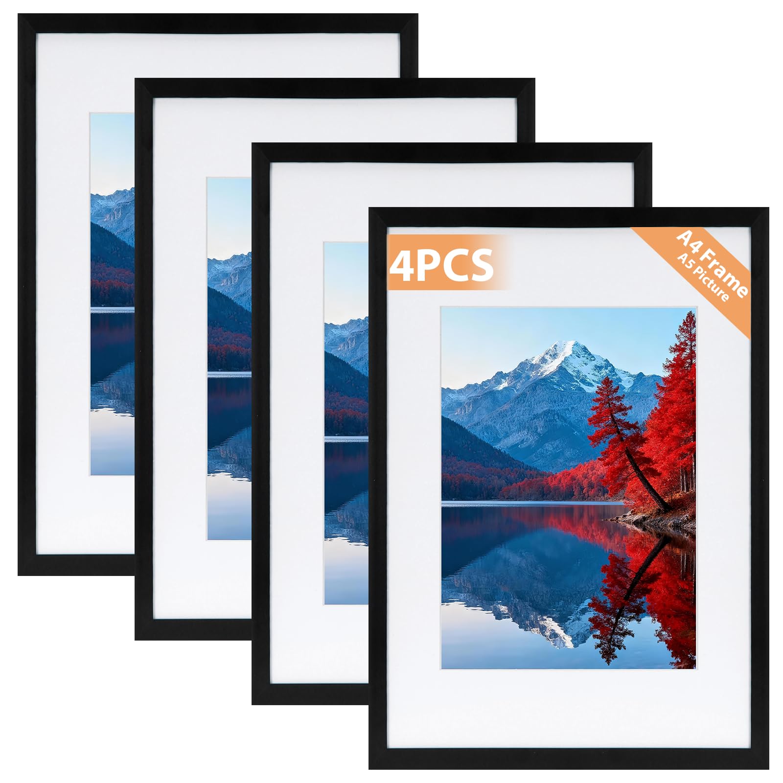 Alyvisun 4 Pack A4 Frame, A4 Picture Frames Display Pictures 14 x 20 cm with Mat or 19.7 x 29.3 cm Without Mat, Photo Frame for Horizontal and Vertical Display on Wall Hanging or Tabletop, Black