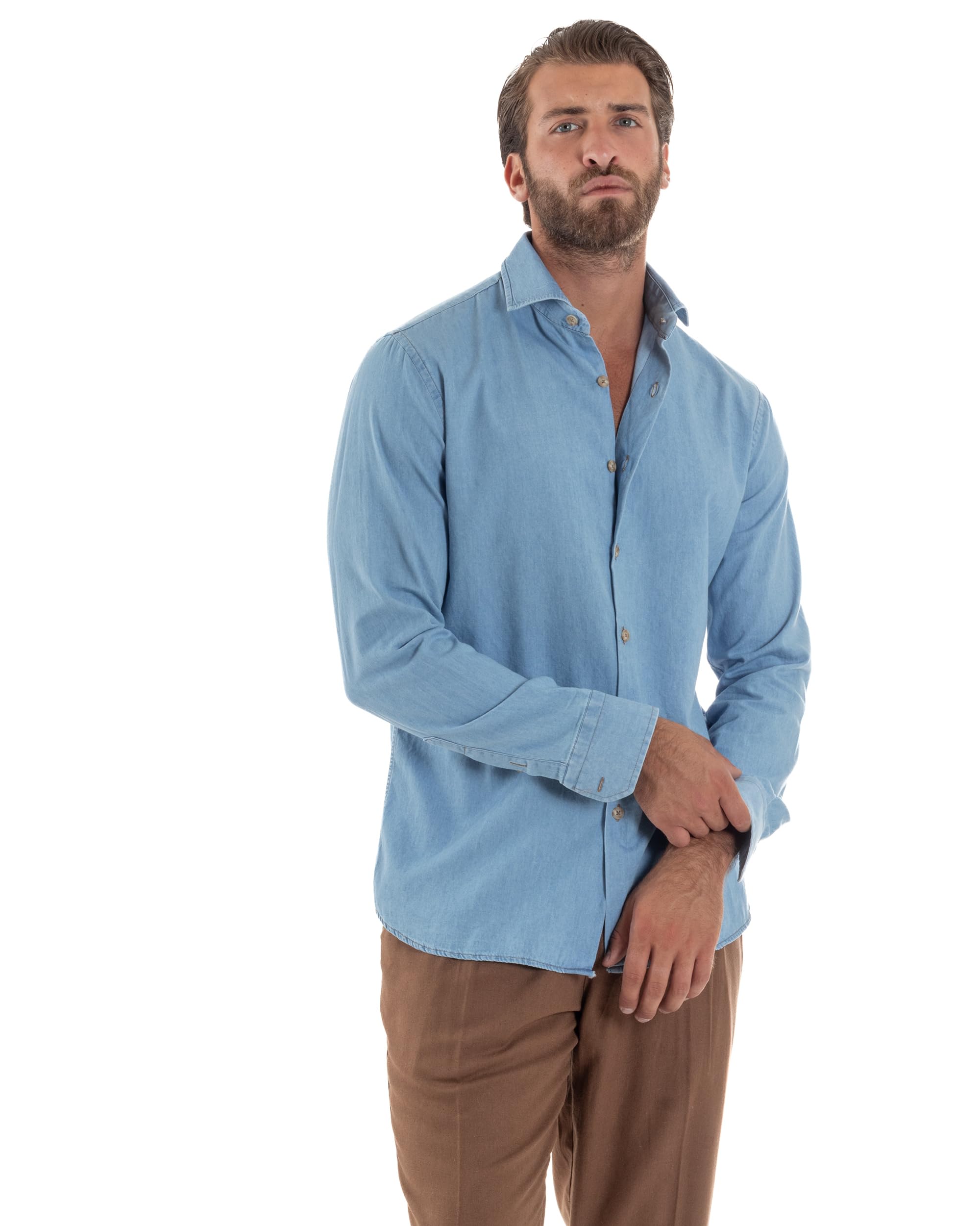 Camicia Uomo Jeans Collo Francese Denim Cotone Casual