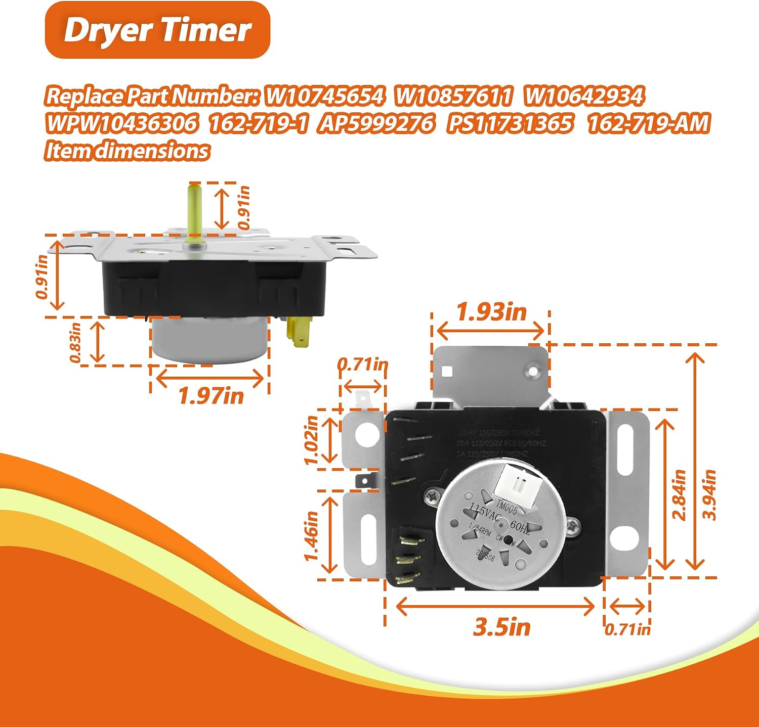 W10745654 W10857611 Dryer Timer Fit for Whirlpool Maytag Amana Kenmore Dryer Replace W10642934 Wpw10436306 162-719-1 Ap5999276 Ps11731365 162-719-Am