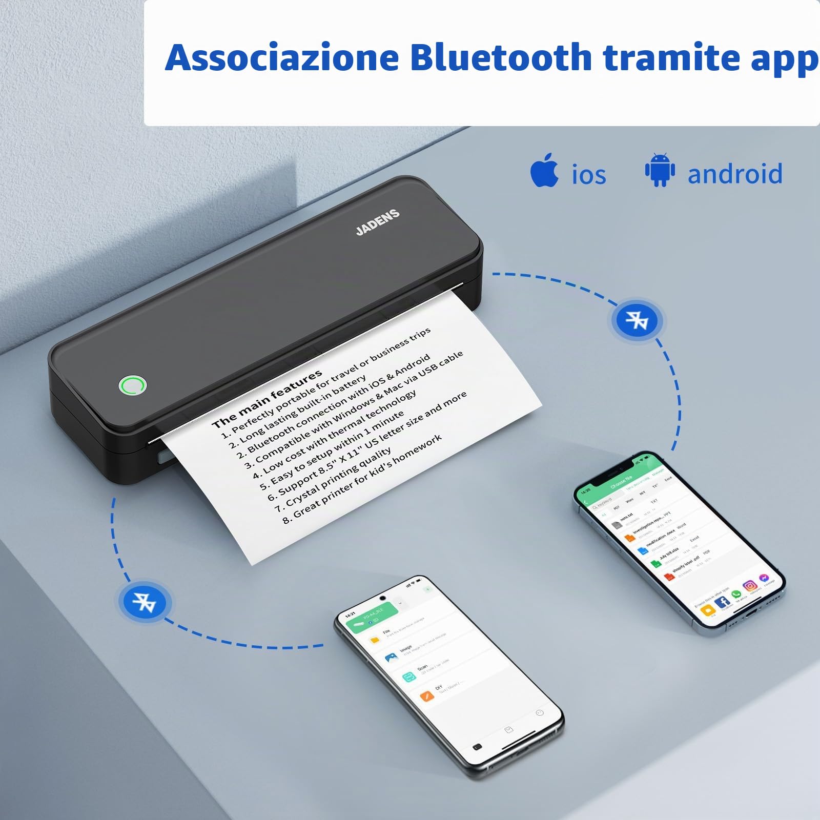 JADENS Stampante termica portatile, supporta 210 x 297 mm A4, stampante portatile Bluetooth A4, compatibile con Android e iOS per viaggi e laptop