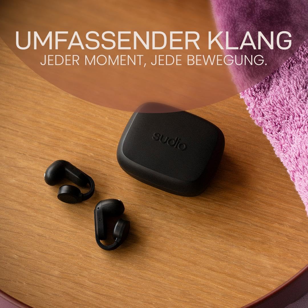sudio B3 True Wireless Kopfhörer Kabellos Bluetooth 6.0 | Offene Clip-On Earpods | Multipoint Verbindung | 30h Spielzeit | Touch Steuerung | Schweiß & Spritzwassergeschützt | USB-C Ladecase | Schwarz