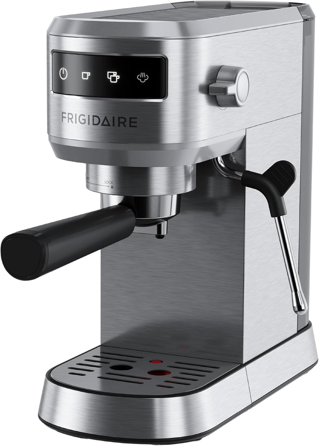 Frigidaire Steam Espresso Maker, Coffee Machine with Milk Frother & Cup Warmer, 20 Bar Pressure, 34 oz Removable Water Tank, Single or Double Shot, Stainless Steel