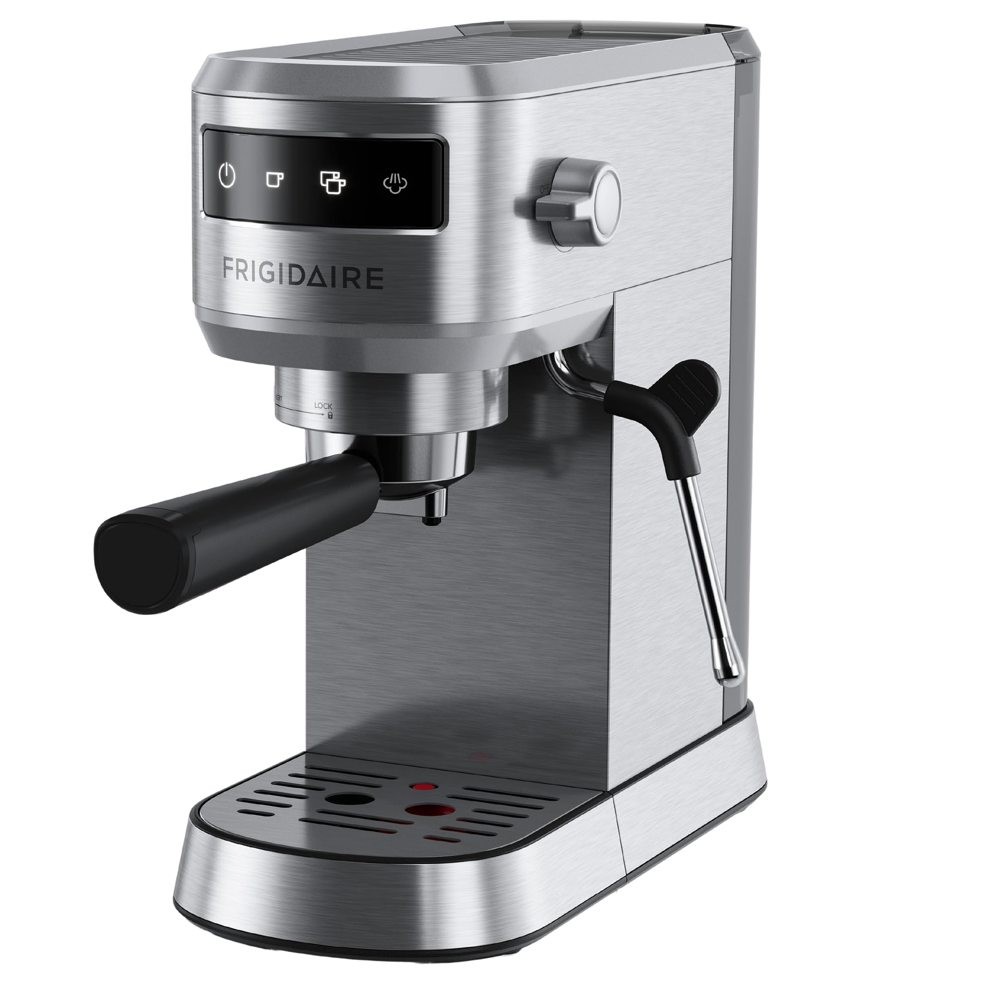Frigidaire Steam Espresso Maker, Coffee Machine with Milk Frother & Cup Warmer, 20 Bar Pressure, 34 oz Removable Water Tank, Single or Double Shot, Stainless Steel