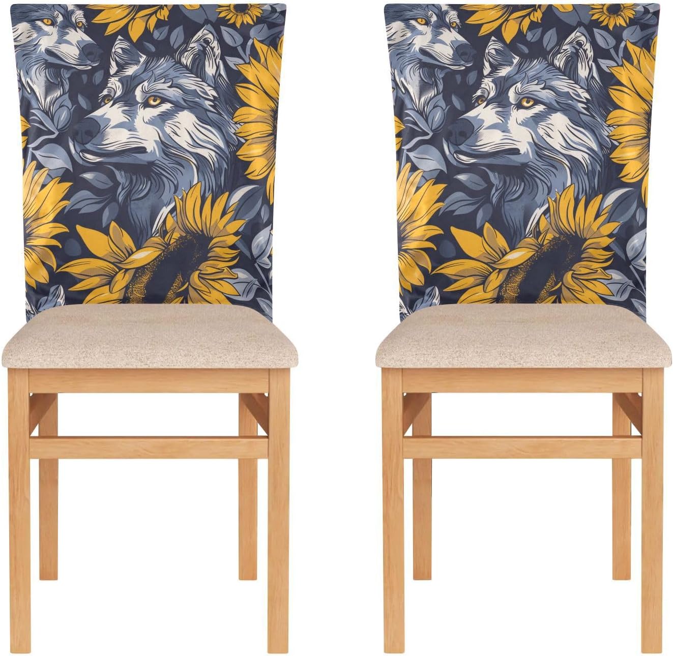 ALAZA Wolf Sunflowers Chair Back Cover Set of 6, Washable Reusable Removable Chair Slipcovers Decorative Chair Cover for Home Kitchen Wedding Party