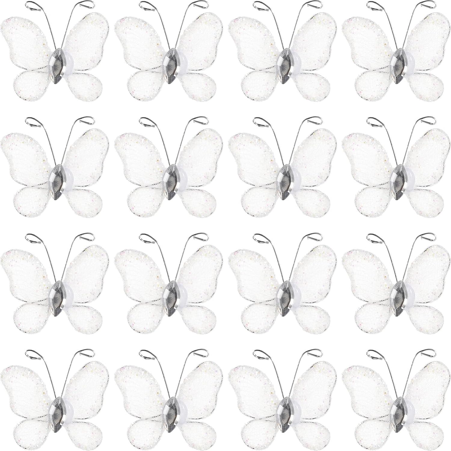 Mesh Glitter Butterfly 100Pcs Sheer Mesh Wire Glitter Butterfly with Gem for Home Wedding Party Wall Decorations White