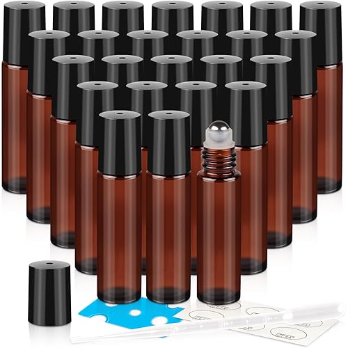 ZEJIA 10ml Roller Bottles for Essential Oils, 24 Pack Glass Roll on Bottles, Refillable Perfume Bottle, with Stainless Steel Roller Balls, 2 Droppers, 1 Opener, Labels(Amber)