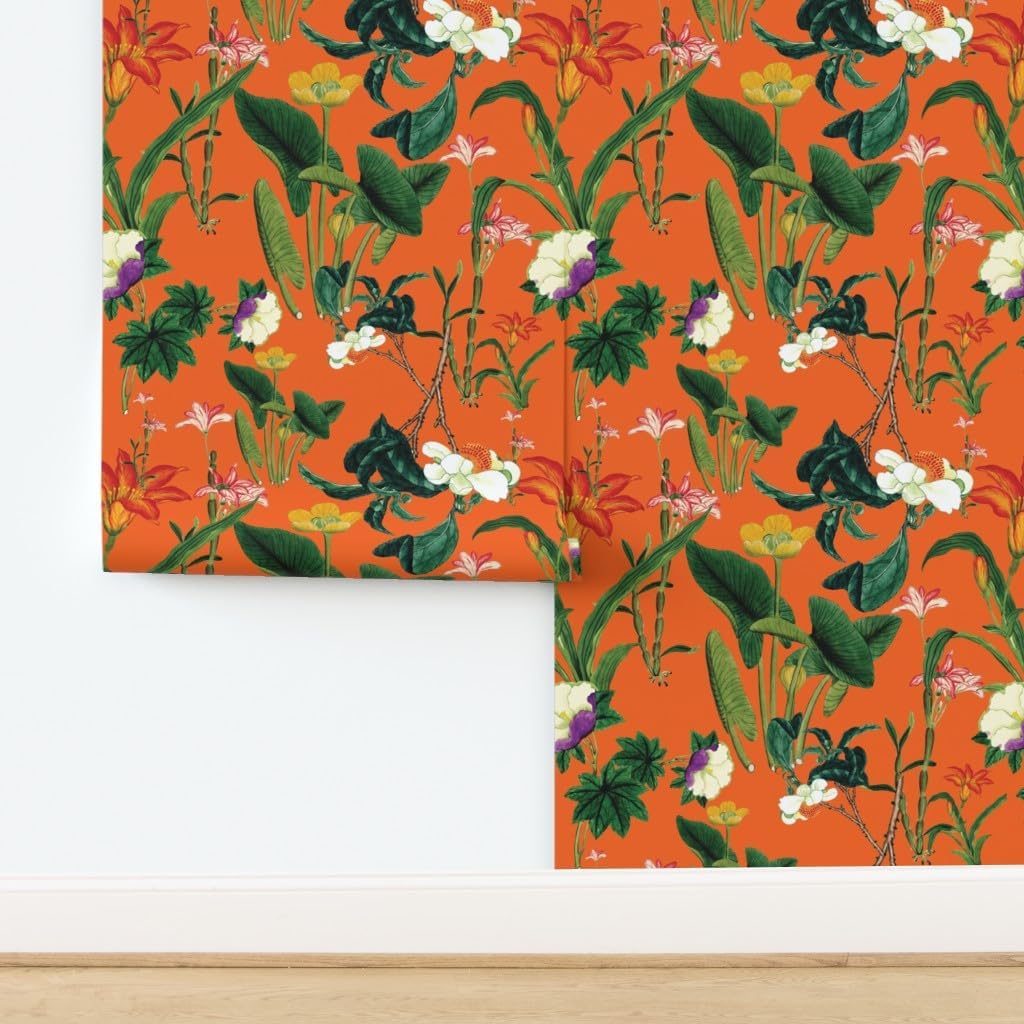 Removable Wallpaper 6ft x 2ft - Vintage Style Botanical Floral Bright Orange Green Flowers Custom Pre-Pasted Wallpaper by Spoonflower