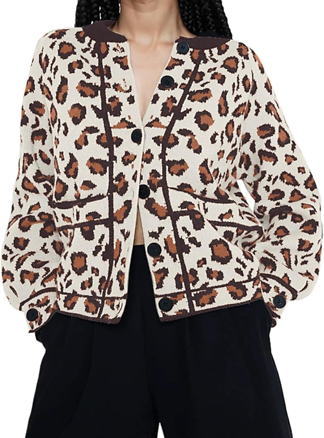 Women's Leopard Print Cardigan - Open Front Cheetah Print Knit Sweater