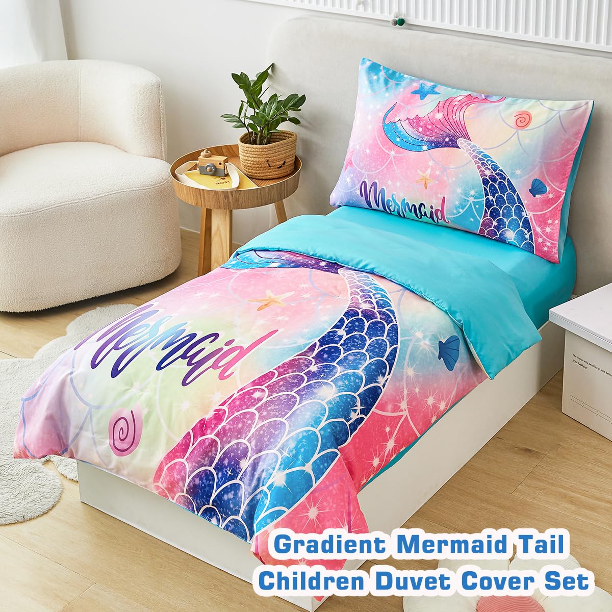 STYHO Toddler Bedding Set for Girls Colorful Rainbow Mermaid Cot Bedding Set Soft Reversible Mermaid Tail Print Toddler Duvet Cover Set(Colorful - Image 2