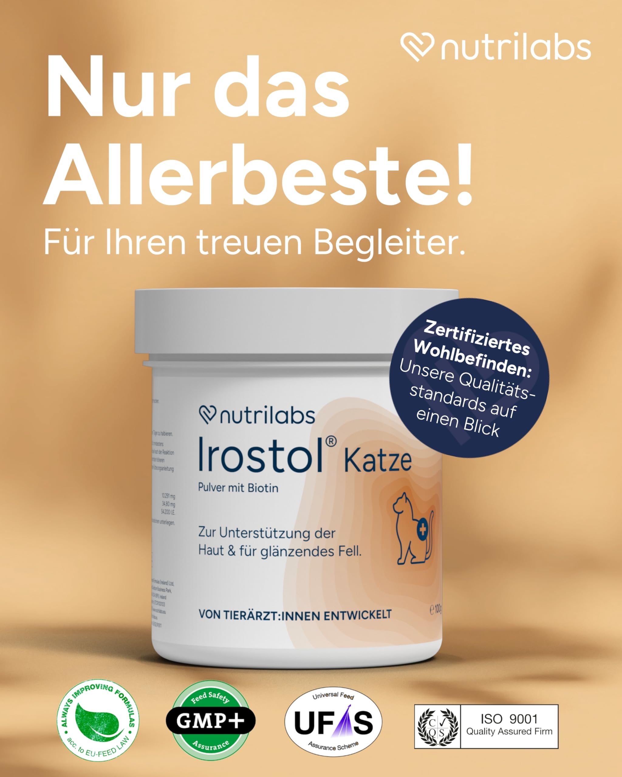 NutriLabs Irostol® Pulver 100 g - Nahrungsergänzung mit MSM, Biotin & Omegafettsäuren - wichtige Katzen Vitamine - Gesundheitsprodukte für Katzen - Fellpflege Katze