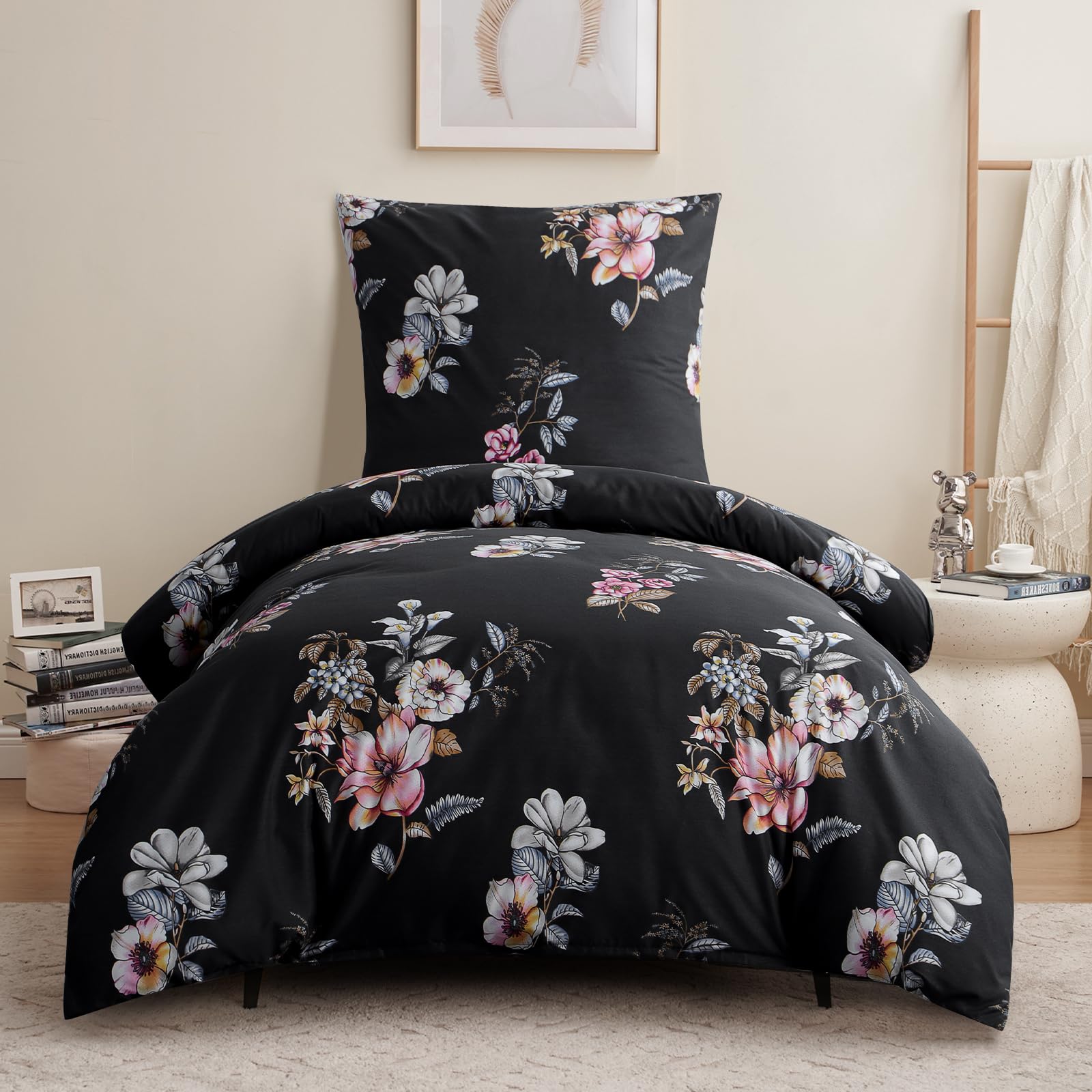 RUIKASI Bettwäsche 155x220 2 teilig Schwarz - Bettbezug 155 x 220 Set mit Blumen Muster, Bettwäsche-Sets 155x220cm aus Mikrofaser mit Reißverschluss Weich und Bügelfrei