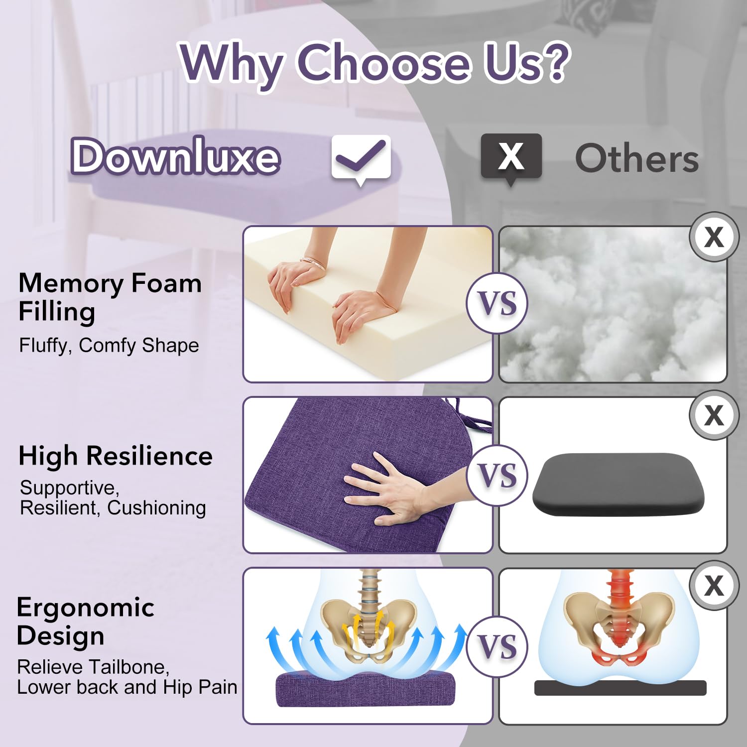 downluxe Indoor Chair Cushions for Dining Chairs, Soft and Comfortable Textured Memory Foam Kitchen Chair Pads with Ties and Non-Slip Backing, 16" x 16" x 2", Purple, 4 Pack