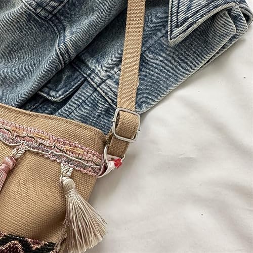 Moguxb Sac Bandoulière Femme avec Pompons Brun Clair Sac à Bandoulière Ethnique Bohème Sac à Bandoulière en Toile Vintage pour Femme – vue 5