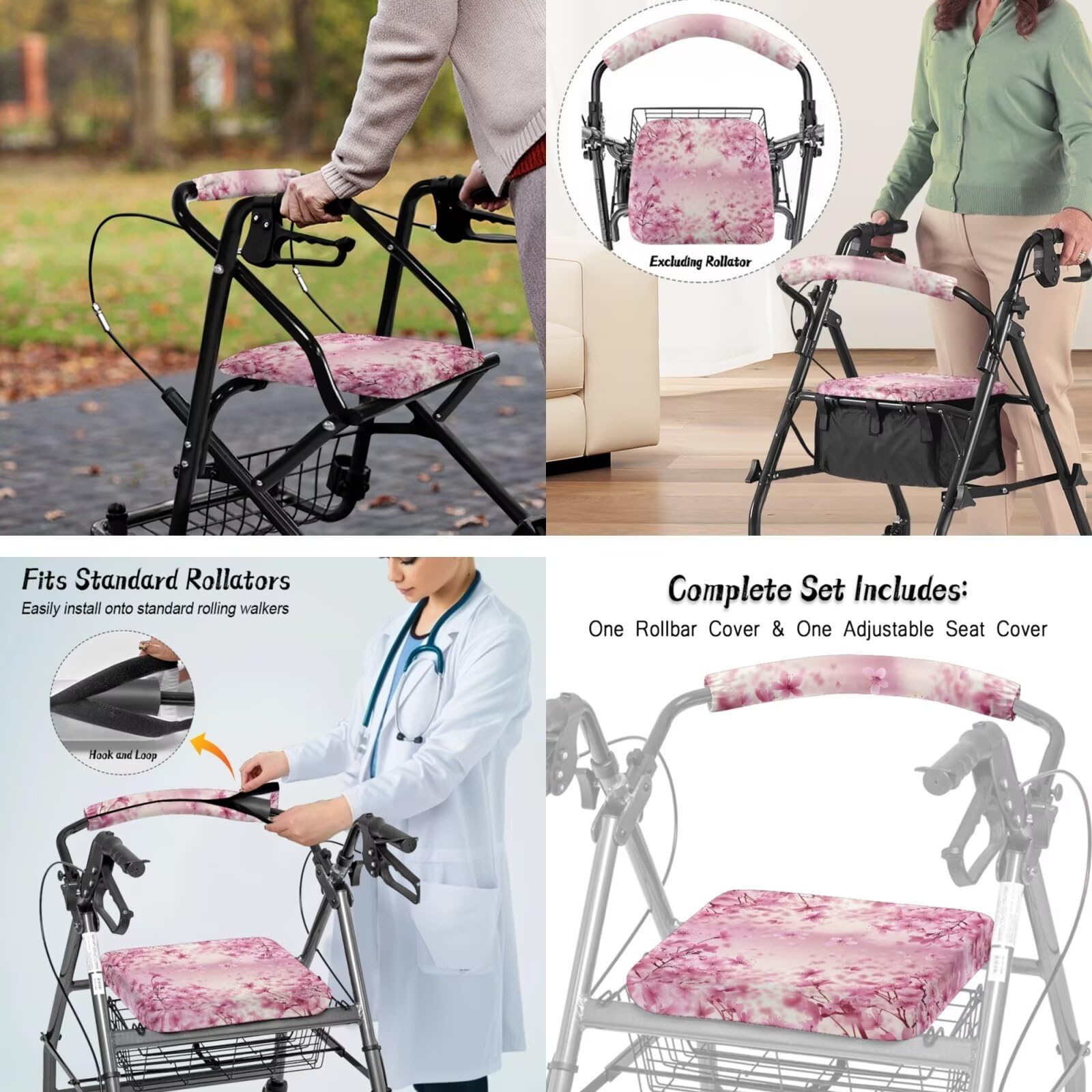 Vanideaoty Peach Blossom Rollator Accessories with Elastic Band Walker Accessories for Seniors Suitable for Most Walkers Foldable Organizer Pouch Tote
